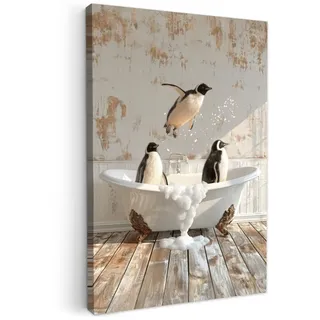 MuchoWow Leinwandbild Vintage - Pinguin - Badewanne - Schaumstoff Deko XXL 80x120 cm , Schwarz , Textil , Kiefer , Abstrakt , Rechteckig , 80x120 cm , FSC 100% , gerahmt , Bilder & Rahmen, Bilder, Leinwandbilder
