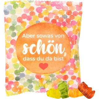 25x süße Gast-geschenke-Tütchen: gefüllt mit echten Trolli Gummibärchen mit 10% Fruchtsaft, 10g, farbenfrohe Tüte, mit Schriftzug, Aber sowas von schön, dass du da bist", perfektes Mitbringsel