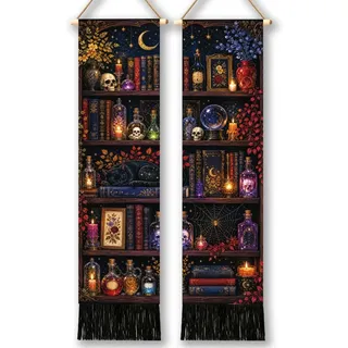 TNKBREEZE Magische Bücherregal Wandteppich Wanddekoration 2 Stück Set Vertikale Wandkunst aus Oxford Gewebe Dunkel Hippie 51×13 in Lang Schmal Wandbehang für Schlafzimmer Wohnzimmer Studio Dekoration
