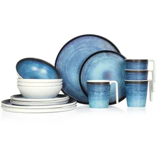 Moritz Camping Tafelgeschirr aus Melamin für 4 Personen 16-teilig | spülmaschinenfest | Picknick Geschirrset | Geschirr Campinggeschirr I Deep Ocean Design