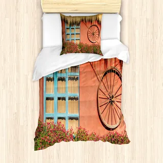 ABAKUHAUS Stall-Holz-Wagon Wheel Mantele, Landhaus, Milbensicher Allergiker geeignet mit Kissenbezügen, 135 cm x 200 cm - 80 x 80 cm, Mehrfarbig