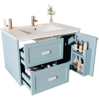 Okwish Waschtischkombi 76/46/51 cm blau aus MDF und Keramik mit Led , Blau , Holzwerkstoff , 76x51x46 cm , Badezimmer, Waschbecken & Armaturen, Waschtische