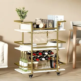 Bar-Servierwagen mit 3 Ebenen - mobiler Aufbewahrungsständer - goldenem Marmormaterial - Gold