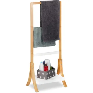 Relaxdays Handtuchhalter Bambus, mit Ablage & 3 Handtuchstangen, freistehender Handtuchständer, 103x41x28cm, Natur/weiß