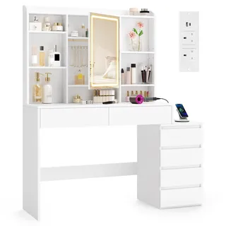 VASAGLE Kailyn Kollektion - Schminktisch mit LED-Beleuchtung, Frisiertisch mit Steckdosenleiste, Spiegel, Kosmetiktisch mit verstellbaren Ablagen, modern, 40 x 124,7 x 145 cm, wolkenweiß RDT644WB01