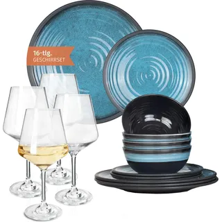 Melamin Camping Geschirr Set 4 Personen Stone Blue + 4 Milano Weiß Weingläser Tafelgeschirr Picknick BBQ Kochgeschirr - Blau, Weiß