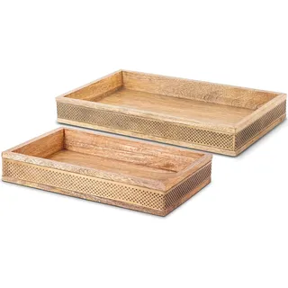 DRW Set mit 2 rechteckigen Tabletts aus Holz und Metall, Natur und Gold, 38 x 23 x 5 cm und 30 x 20 x 5 cm