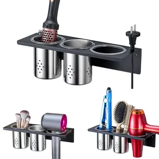 LOXSUN Fönhalter Ohne Bohren, 3-in-1 Fönhalterung mit Edelstahl Becher für Lockenstab & Haarbürsten & Glätteisen und Föhn Halterung, Föhnhalter Wand Haartrocknerhalter für Bad (Schwarz)