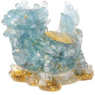 KYEYGWO Aquamarine Kristall Drachen-Schildkröte Figur Deko, Harz Chinesischer Drache Stein Statue Reichtum Goldmünze Skulptur Feng Shui Wohlstand Ornament Glück Sammlerfigur für Haus Büro