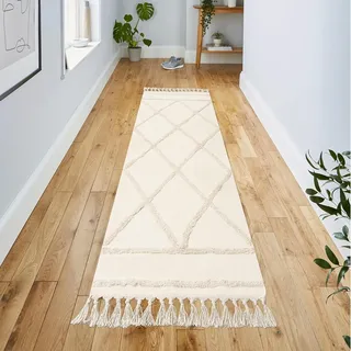 INKAROBOX Teppich Läufer Flur, Boho Beige Getuftet Baumwollteppich mit Gewebt Quasten, Waschbarer Teppich für Badezimmer Küche Wohnzimmer Schlafzimmer Flur Esszimmer (Beige, 180 x 60 cm (Rechteckig))