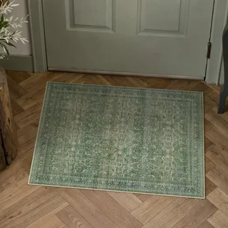 PureCozy FußMatte Waschbarer Grün Teppich 60x90cm klein im Eingangsbereich | Vintage Kurzflor Rutschfest Boho Carpet Eingang, Flur, badezimmerteppich, Korrido, Schlafzimmer, Küche
