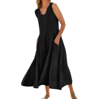 Leinenkleid Damen Sommer - Sommerkleid Damen Lang,A-Linien Kleid Damen Baumwolle Leinen mit Tasche Vintage Einfarbig Ärmelloses Strandkleid Lose Blusenkleid Langes Kleider Maxikleid Freizeitkleid