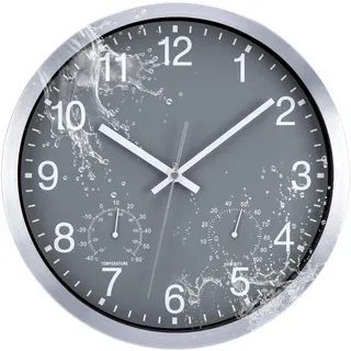 ACCSHINE Outdoor Wasserdicht Wanduhr Mit Thermometer und Hygrometer Anzeige Wanduhr Ohne TickgeräUsche Lautlos 30cm Quarz Batterie Betriebene Groß Deko Garten Wand Uhr (Grau)