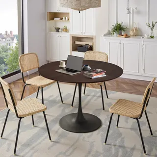 Moderner runder Esstisch(120 cm Durchmesser),vier Tischplatten im Patchwork-Design mit Eichenholzmaserung,Metallgestell,Beistelltisch/Couchtisch,Braun - Grau