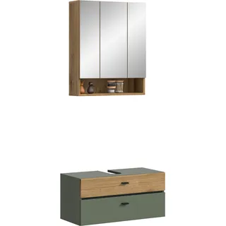 Badmöbel-Set WELLTIME "VANN, 2-teilige moderne Badkombination", sage grün, evoke oak nachbildung, schwarz, B:75cm H:191cm T:35cm, Holzwerkstoff, Kastenmöbel-Sets, Badmöbel-Set, Bad-Kombination, Bad-Möbel, Badezimmer, Kombination, Kombi, Bad-Set