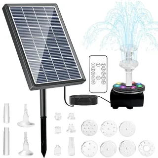 7W Solar Springbrunnen mit Fernsteuerung, Solarbrunnen Doppelbrunnen, Solar Teichpumpe Wasserpumpe Eingebaute 3000mAh Batterie, Solar Schwimmender Fontäne Pumpe mit 10 Fontänenstile für Garten