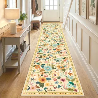 DEFYNEE Teppich Läufer Flur 60x300cm, Vintage Blumenmuster Kurzflor Teppichläufer, rutschfest Küchenläufer, Waschbar Flurläufer für Küche, Eingang, Wohnzimmer & Kinderzimmer, Elfenbein/Gelb