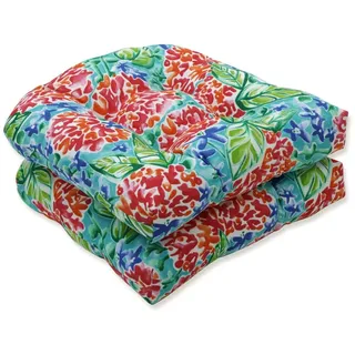 Pillow Perfect Bright Floral Sitzkissen für drinnen und draußen, getuftet, Wetter- und lichtbeständig, 48,3 x 48,3 cm, Rosa/Blau, Gartenblüten, 2 Stück