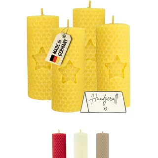 Wachsmann Adventskerzen 4er-Set gelb Stern – 100% Bienenwachs, handgerollt, Made in Germany – Stumpenkerzen für Adventskranz & Weihnachten (4×10 cm, 6 Stunden Brenndauer), Bienenwachskerzen Geschenk