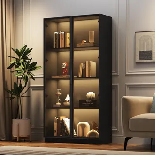 Ball & Cast Glasvitrine mit Beleuchtung & Verstellbaren Einlegeböden - Standvitrine für Wohnzimmer, Schlafzimmer & Büro, Schwarz