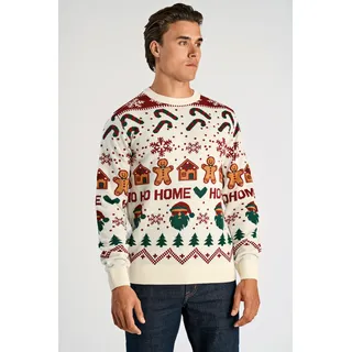 Weihnachtspullover LINDBERGH, Herren, Gr. M, bunt (sanftes weiß), Strick, Obermaterial: 100% Polyacryl, Intarsienmuster, regular fit normal, Rundhals, Rippbündchen, Pullover Weihnachtspullover, mit Intarsien Muster