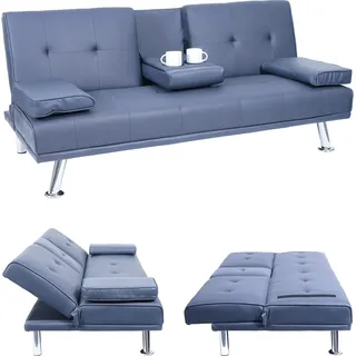 3er-Sofa HWC-F60, Couch Schlafsofa Gästebett, Tassenhalter verstellbar 97x166cm Kunstleder, dunkelblau - Blau