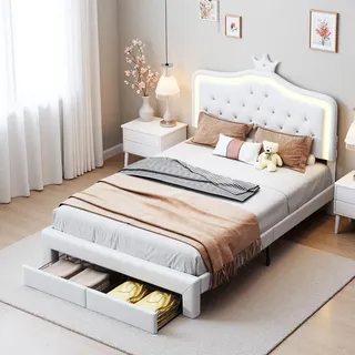 Kinderbett 90x200 cm, gepolstert, verstellbares Kopfteil, 2 Schubladen, Kronenform mit LED-Beleuchtung, Prinzessinnenstil, weiß (Matratze nicht im Lieferumfang enthalten) - Weiß