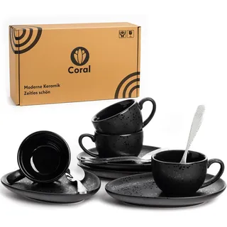 Coral - 4 x 90ml Espressotassen mit Henkel, Untertassen & Löffel (Set) aus Keramik Schwarz- 4er Pack Espressotasse inkl. Unterteller dickwandig, modern - Kaffee-Tassen Coffee Cup (90ml)
