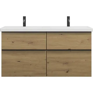 burgbad Eqio Keramik-Doppelwaschtisch inklusive Waschtischunterschrank mit 4 Schubladen, Breite 1230mm, SEYT123F5662C0001G0252, Farbe: Eiche Dekor Urban / Eiche Dekor Urban, Griffleiste Schwarz Matt