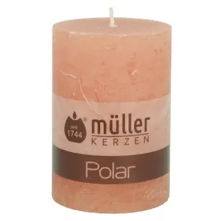 Müller Kerzen Polar Stumpenkerzen, 68 x 100 mm, Raureif-Effekt, Rustikale Indoorkerzen, leicht transparent und brennen ca. 46 Stunden, 1 Packung = 4 Stück, Farbe: zart orange