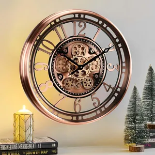 Wanduhr mit echtem Bewegungsgetriebe Zahnrädern, modern, 53,3 cm, industriell Steampunk, groß, Metall,Wanduhr für Wohnzimmer, Dekor, Büro ,Küche, antike Bronze, Kupfer römische oder arabische Ziffern