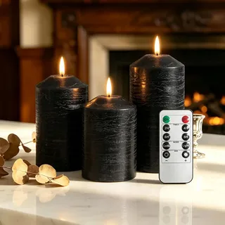 AiMok Led Kerzen mit Fernbedienung Timer 3er Set, Flammenlose Kerzenlichter | flackernde Säule Batteriebetriebener Stumpenkerzen aus Echtwachs für Adventskranz Weihnachten Hochzeit Deko, Schwarz
