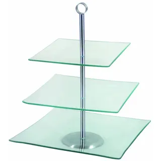 AMBITION Etagere Glas 3 Stöckig Laura 29,3 x 29,3 Glasetagere Edelstahl für Obst Kuchen Cupcakes quadratisch transparent