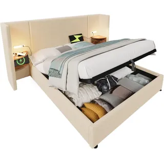 Stilvora Polsterbett 160/200 cm in Beige & Weiß mit Stauraum, Regal, Leselampe, USB und Type-C Cord , Textil , 160x200 cm , Schlafzimmer, Betten, Polsterbetten