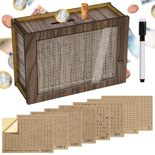 alyvisun Spardose Holz mit Marker Aufklebern, Sparbüchse mit Zähler 5000€ Wiederverwendbare Geldkassette Holzspardose mit Sparziel zum Ankreuzen Sparbox Geldsparbox Cash Box €500-€10000 Ziel