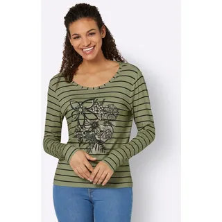 Langarmshirt INSPIRATIONEN "Druck-Shirt", Damen, Gr. 36, grün (schilf, beige, bedruckt), 95% Viskose, 5% Elasthan, bedruckt, gemustert, mehrfarbig, Rundhals, Shirts Langarmshirt