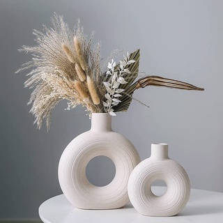 Weiße Keramikvase für Wohndekoration, Set mit 2 Runden Pampas Blumenvasen, minimalistischer Boho-Stil Deko Vasen für Wohnzimmer, Schlafzimmer, Esstisch, Hochzeit, Party, Büro