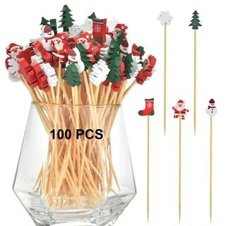 ALINK 100 Stück Weihnachts Cocktailspieße,Holzspieße für Fingerfood,12 cm Schneemann Cocktailspieße, Obstspieße Bambusspießchen für Weihnachtsstrümpfe,Fruchtspießchen