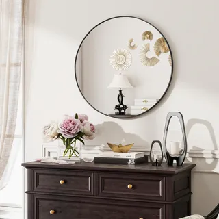 Koonmi 60cm Runder Spiegel Schwarz Spiegel Rund Wandspiegel mit Rahmen aus Aluminiumlegierung für Badezimmer, Waschtisch, Wohnzimmer, Schlafzimmer, Eingang Wanddekoration