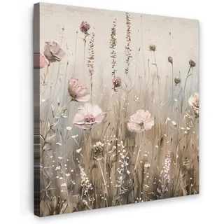MuchoWow Leinwandbild Blumen - Rosa - Modern - Beige Deko Groß 90x90 cm , Textil , Kiefer , Abstrakt , Quadratisch , 90x90 cm , FSC 100% , gerahmt , Bilder & Rahmen, Bilder, Leinwandbilder