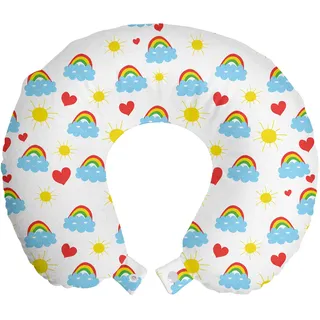 ABAKUHAUS Gekritzel Reisekissen Nackenstütze, Wolken Regenbogen Sun Nursery, Schaumstoff Reiseartikel für Flugzeug und Auto, 30x30 cm, weiß Multicolor - Weiß