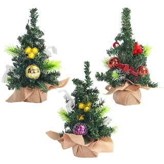 Belle Vous Künstlicher Kleiner Geschmückter Weihnachtsbaum (3 STK) - 21 cm Kleiner Christbaum - Mini Tannenbaum mit Sackleinensockel für den Innenbereich & Tisch/Schreibtisch Feiertagsdekoration