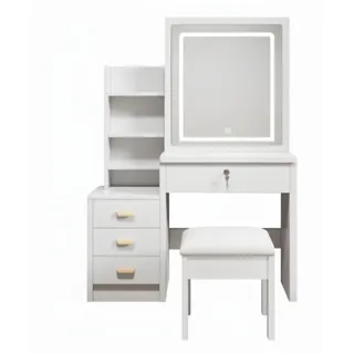 Urban Meuble Schminktisch-Set 85 cm in Weiß mit LED-Spiegel, Hocker & verspiegelten Schiebetüren , Holzwerkstoff , Rechteckig,Rechteckig , 85x130x36 cm , Kleinmöbel, Kommoden, Kommoden