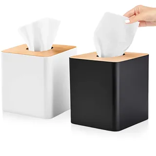 RETON Taschentuchbox-Abdeckung, quadratischer Kunststoff-Tücherbox-Halter mit Bambus-Deckel, würfelförmige Taschentuchspenderbox für Wohnzimmer, Büro, Heimdekoration, Nachttisch (schwarz + weiß), 2