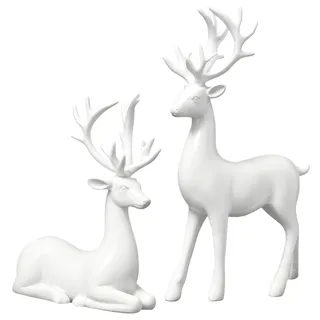 Pipihome 2 Stück Weiß Weihnachtsdeko Rentier Figuren, Hirsch Skulptur Winter Weihnachten Deko Innen Tiere Figuren, Weihnachts Deko Modern für Tisch, Wohnzimmer, Küche, Fensterbank