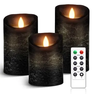 AnnSpa 3 Set Schwarz LED Kerzen Batteriebetriebene mit Fernbedienung,Flammenlose Echtes Wachs Flackern Moving Wick Flackern Amber Yellow Light Pillar Candles,Unscented Wachs für Geschenk/Dekoration
