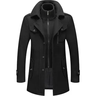 Herren Wintermantel, Slim Fit Zweiteiliger Mantel für Business und Freizeit, Wollmantel mit Stehkragen Peacoat und Warmer Integrierter Innenjacke, Herren, Schwarz, 4XL - Schwarz
