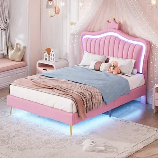 Flieks Polsterbett 90x200cm mit Lattenrost, Jugendbett Kinderbett mit Led, Einzelbett mit Kronenformung, Holzbett Klassisches Bett, PU, Rosa - Rosa