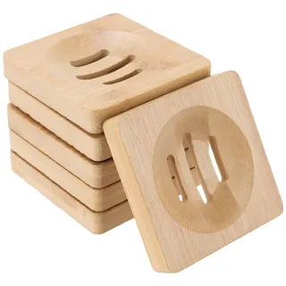 ZOENHOU 6 Stück Seifenschale Bambus Quadratische, 8.4 x 8.4 x 1.4 cm Natürliche Bambus Seifenschale mit Ablauf aus Holz für Badezimmer Küchenspülen