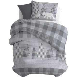 PENSIERI DELICATI Bettwäsche-Set für Einzelbett, Biber, 100% Baumwolle, 155 x 200 cm, Tasche und Kissenbezug 52 x 82 cm, hergestellt in Italien, maschinenwaschbar bei 40 Grad, Muster Kanada-Grau